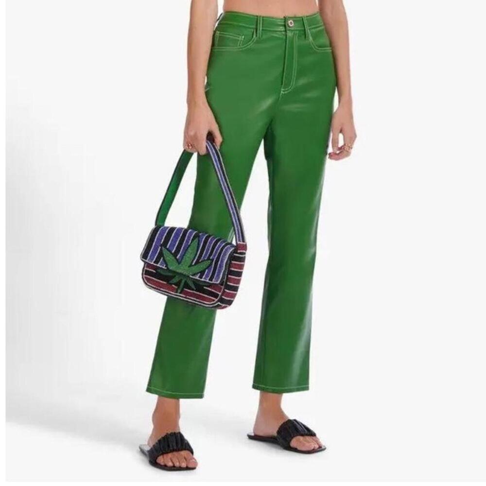 STAUD Emerald Green Straight-Leg Leather Pants